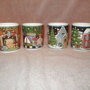 1993 Vtg Set Of 4 Christmas Mugs Holiday Village Susan Winget Stoneware NIB
